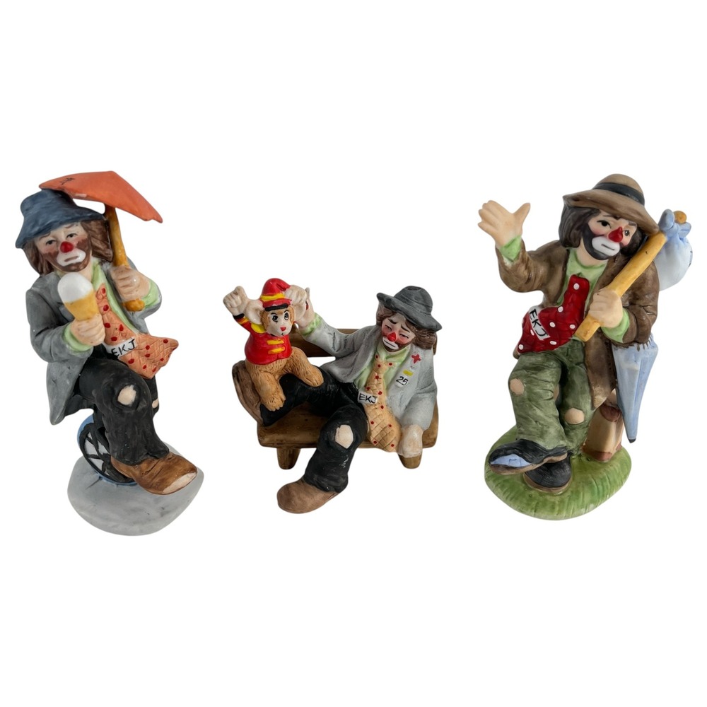 Vtg Emmett Kelly Jr Flambro Clown Figurines Lot Unicycle Monkey Bench Porcelain
